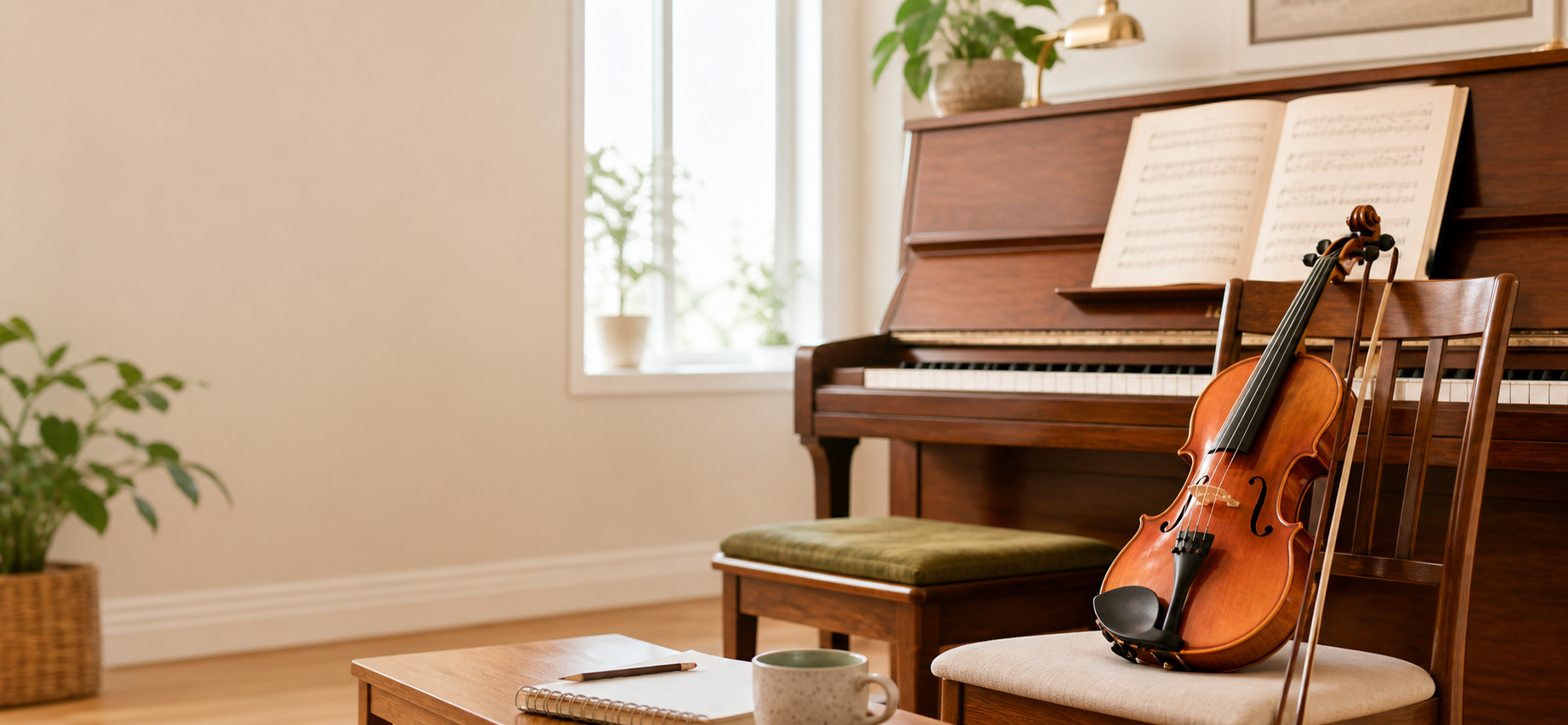 A warm home music lesson space with piano, violin and sheet music